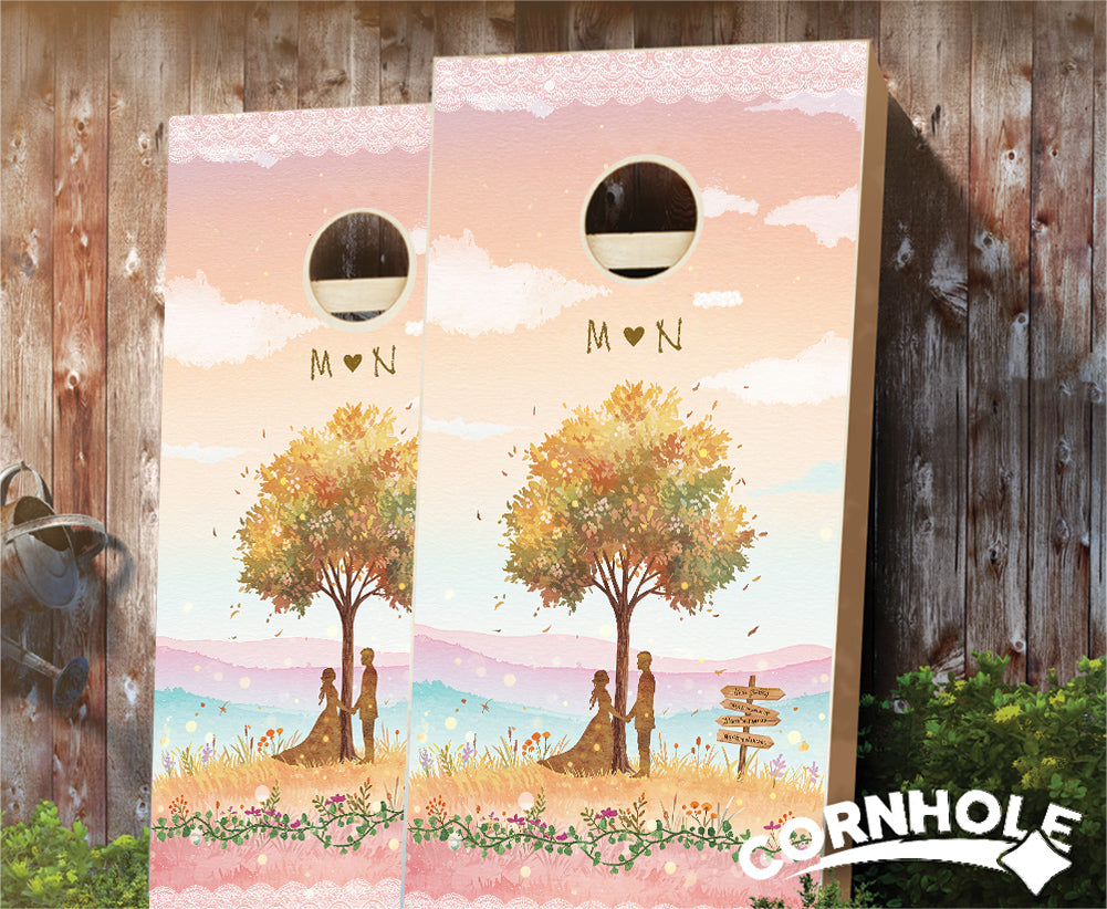 "Pastel Watercolor Tree in the Meadows" Cornhole Boards