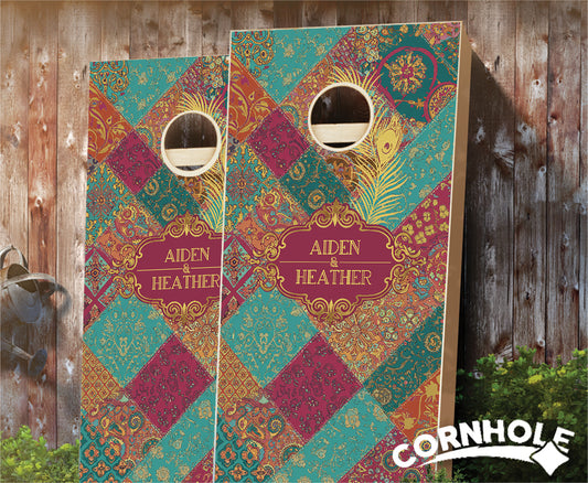 "Patchwork Fuchsia & Turquoise Wedding" Cornhole Boards