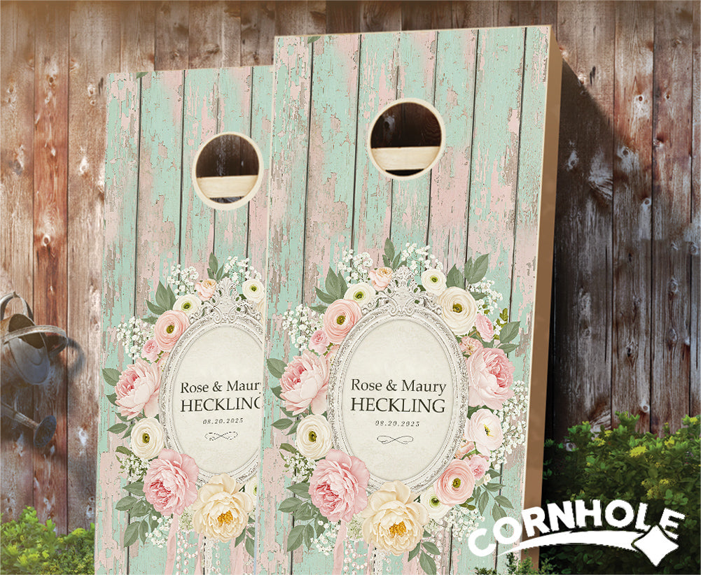 "Pastel Pink & Green Floral Pearls on Planks Wedding" Cornhole Boards