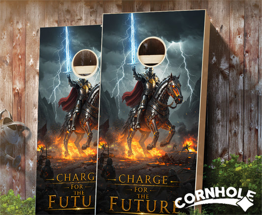 "Charge for the Future Armor Clad Knight and Horse Lightning" Cornhole Boards
