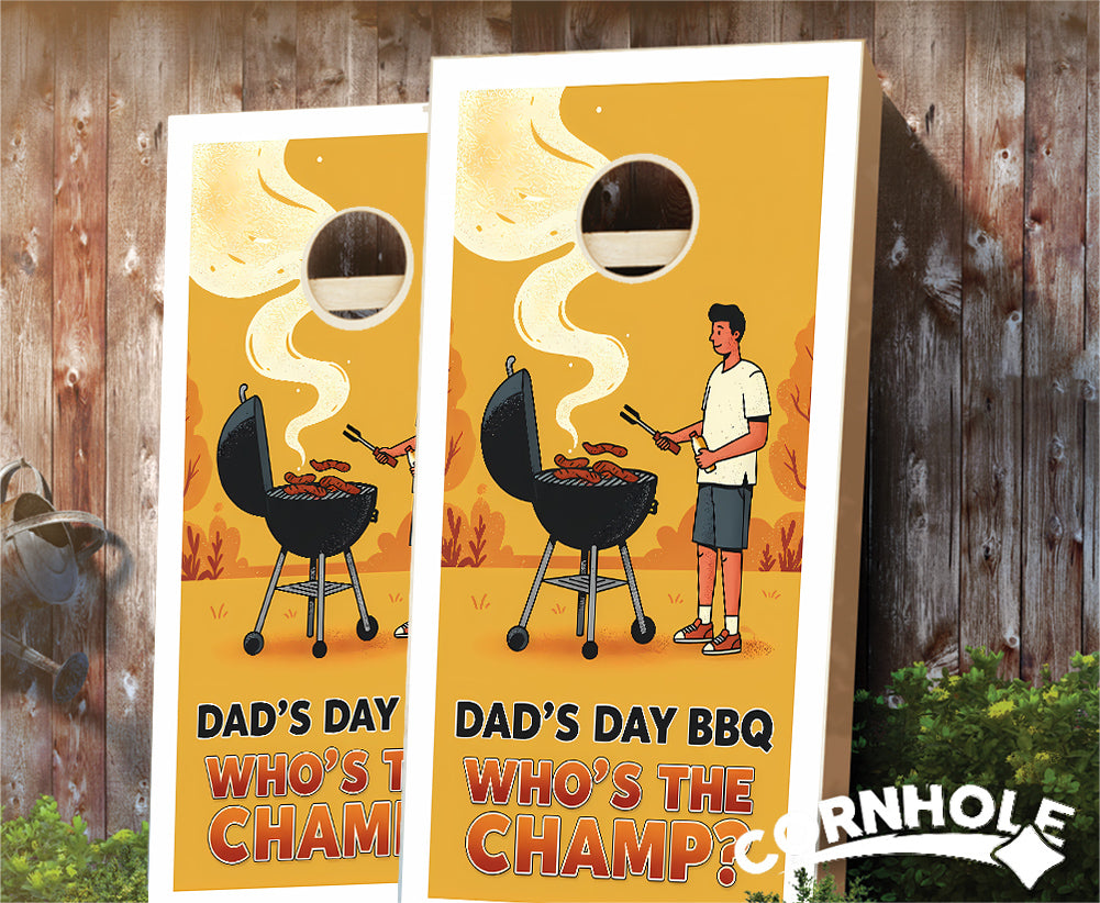 "Dad's Day BBQ - Who's the Champ? Yellow" Cornhole Boards