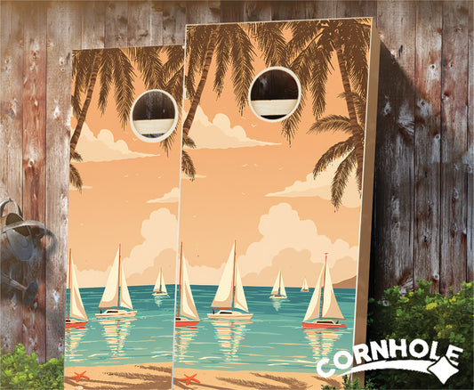 "Sailboats in the Bay Illustration" Cornhole Boards
