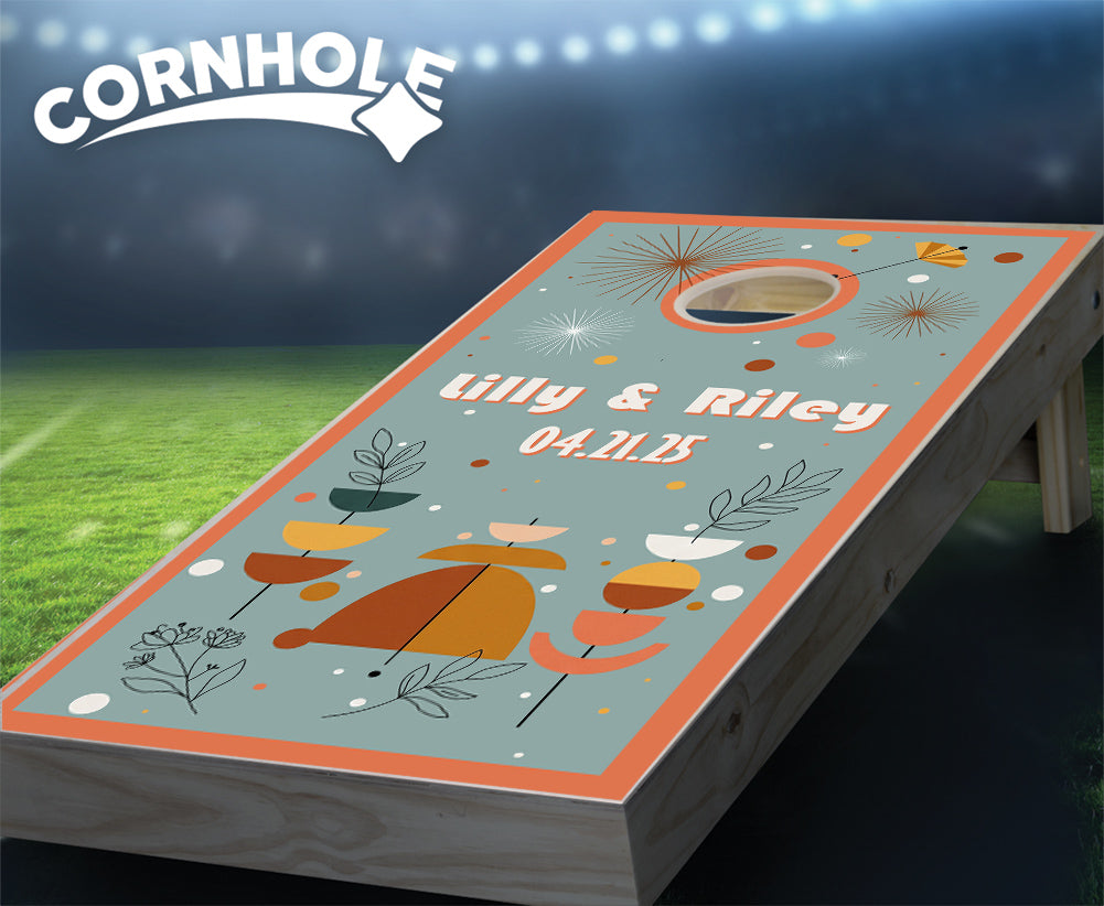 "Eclectic Warm Blue & Red Abstract Foliage" Cornhole Boards