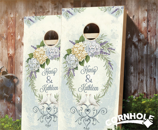 "Lilac Rosemary Wreath & Doves" Cornhole Boards
