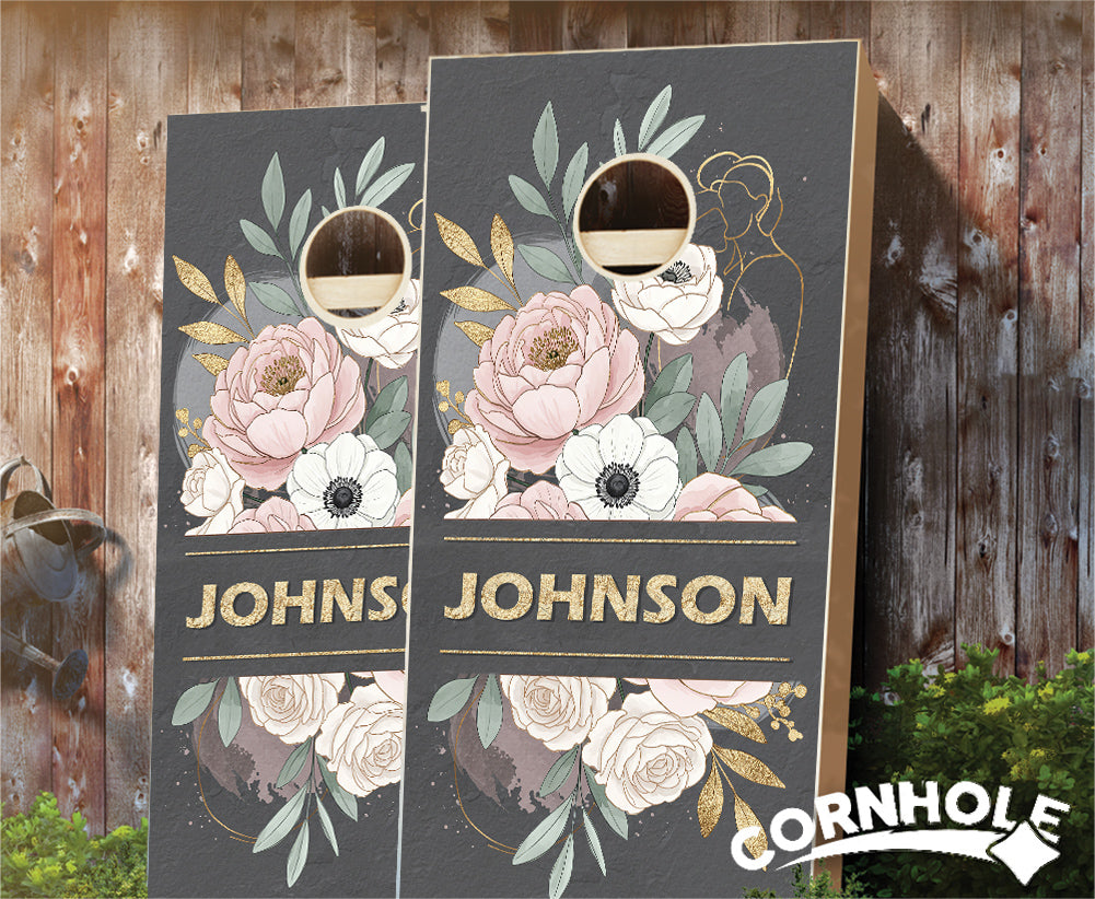"Pink & Gray Floral" Cornhole Boards