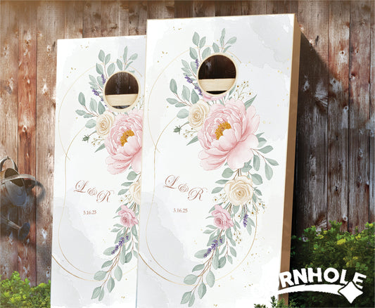 "Subtle Initials & Date with Rose Accent" Cornhole Boards