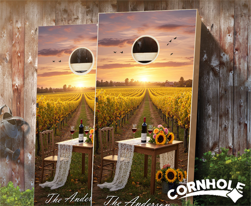 "Sun Kissed Vineyard Wedding Vows" Cornhole Boards