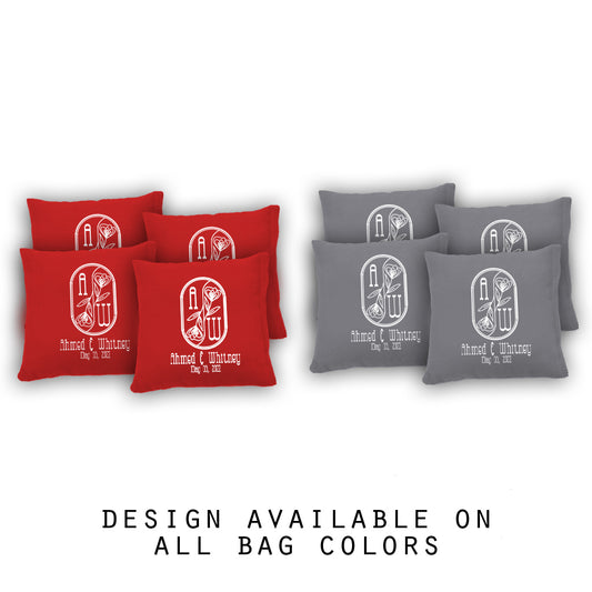"Bride and Groom Date Rose Monogram" Cornhole Bags - Set of 8