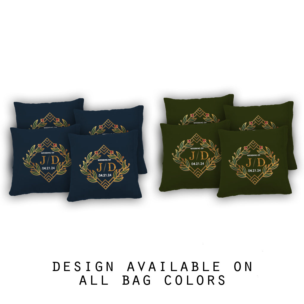 "Gold Flower Wedding Monogram and Date" Cornhole Bags - Set of 8