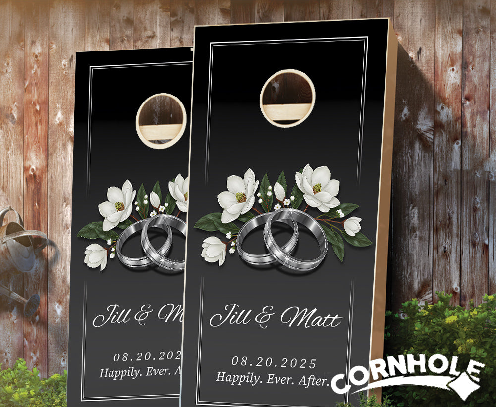"Wedding Rings White Flowers on Black" Cornhole Boards
