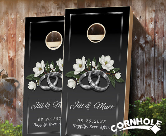 "Wedding Rings White Flowers on Black" Cornhole Boards