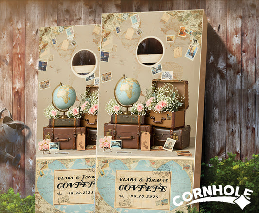 "Vintage Travel Wedding" Cornhole Boards