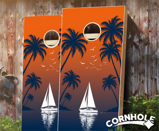 "Sailboat on Navy & Orange Sunset" Cornhole Boards