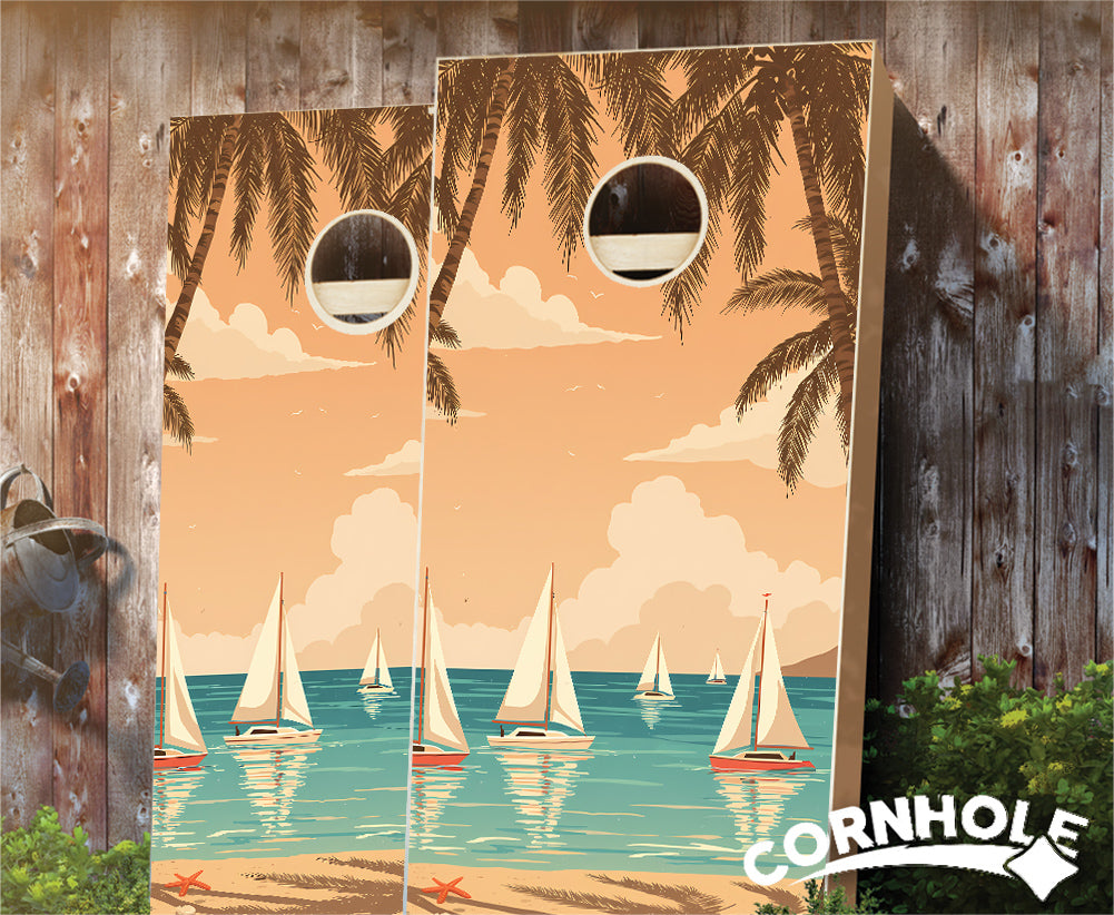 "Sailboats in the Bay Illustration" Cornhole Boards