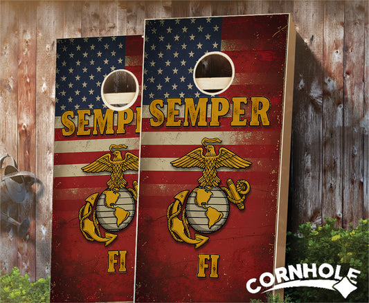 "Semper Fi on Distressed American" Cornhole Boards