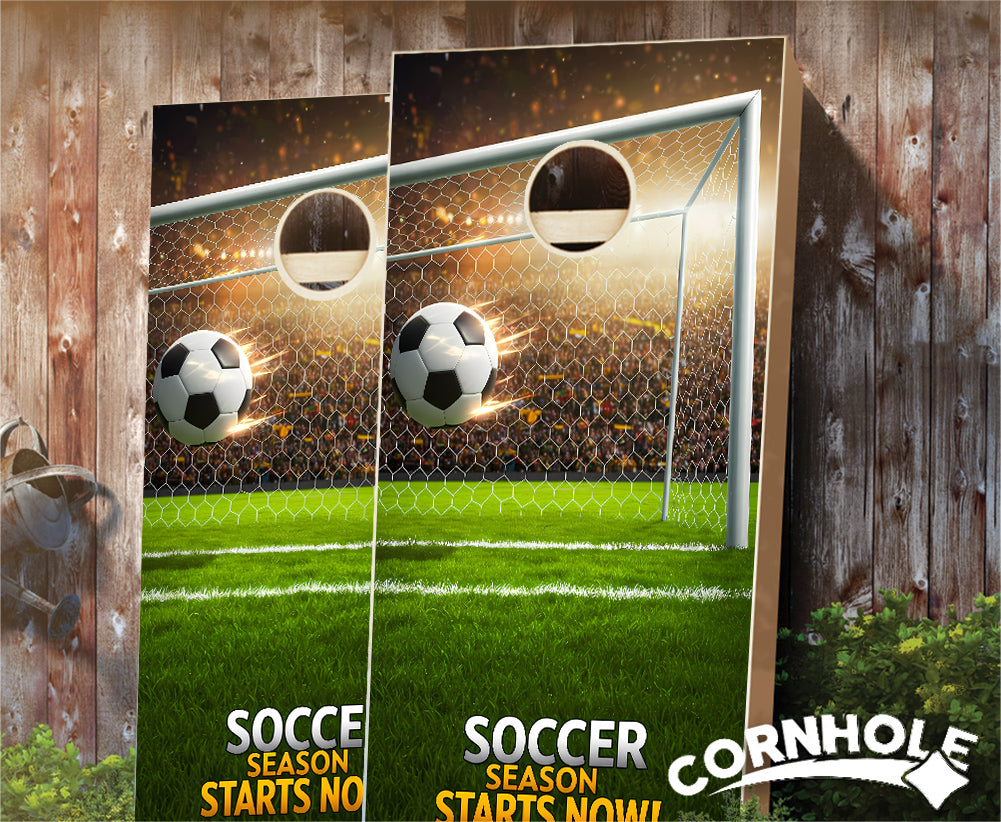 "Soccer Season Starts Now" Cornhole Boards