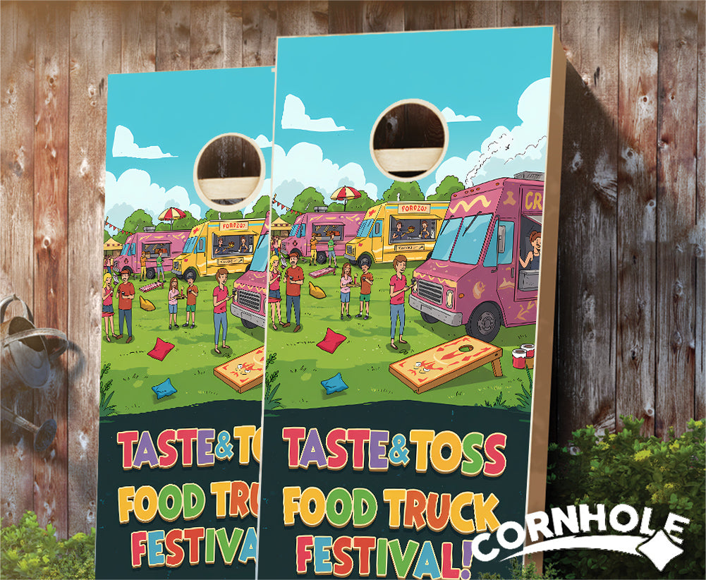 "Taste & Toss Food Truck Festival Cartoon" Cornhole Boards