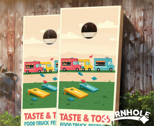 "Taste & Toss Food Truck Festival Cartoon Poster" Cornhole Boards