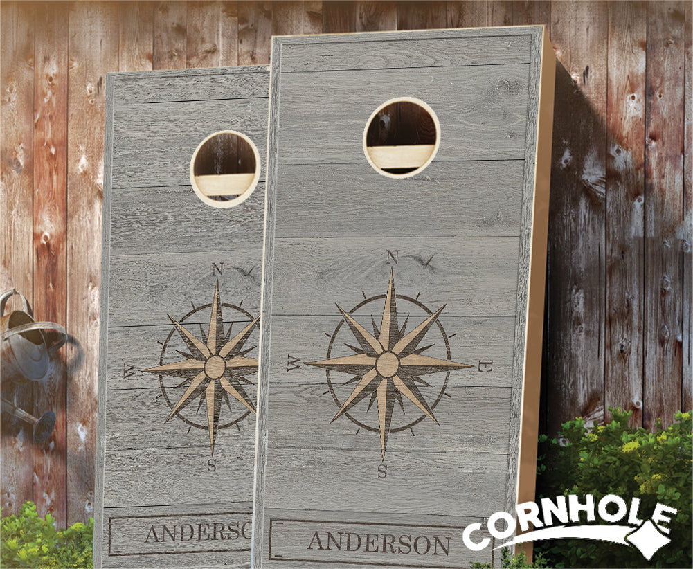 "Gray Wood Compass Rose" Cornhole Boards