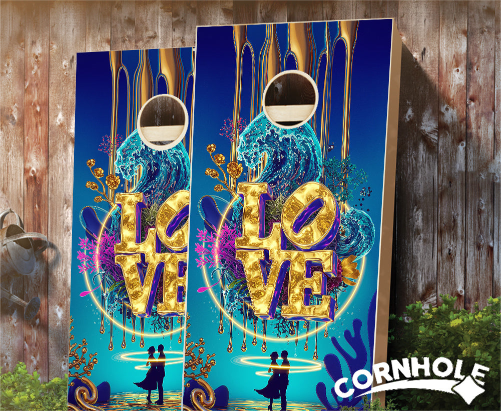 "Love Liquid Splash Gold Underwater Liquid" Cornhole Boards