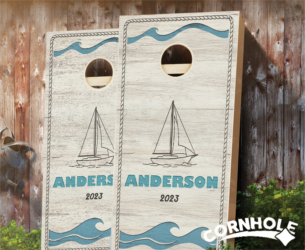 "Nautical Sailing Waves on Wood" Cornhole Boards