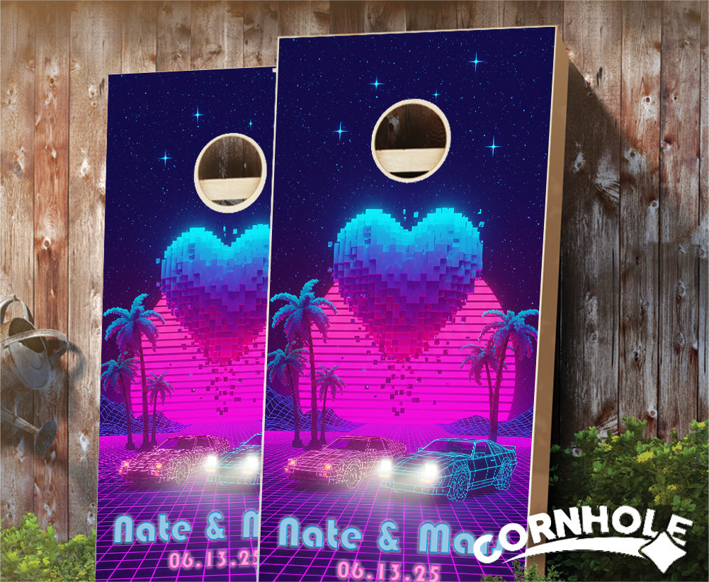 "Retrowave Pixel Heart" Cornhole Boards