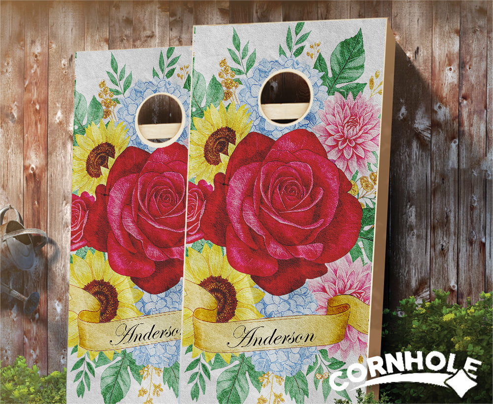 "Rose Sunflower Pansies Couple" Cornhole Boards