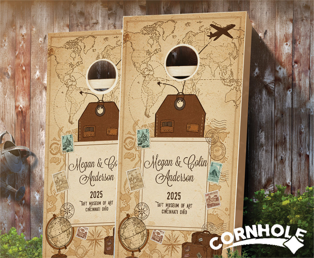 "Travel Map Itinerary Couple" Cornhole Boards