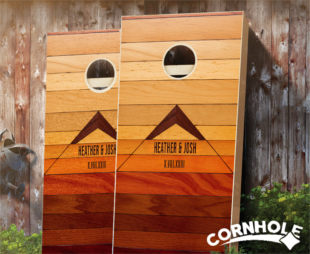 "Warm Gradient Plank Mountain Names" Cornhole Boards