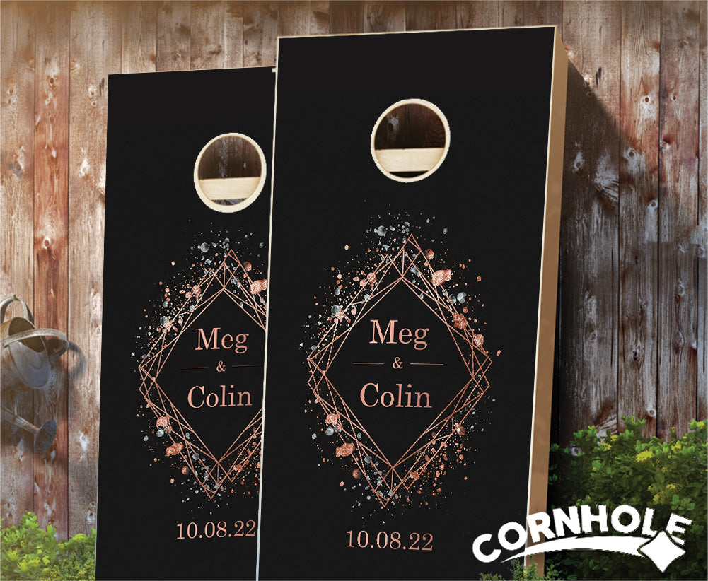 "Wire Diamond on Black Metallic Splatters" Cornhole Boards